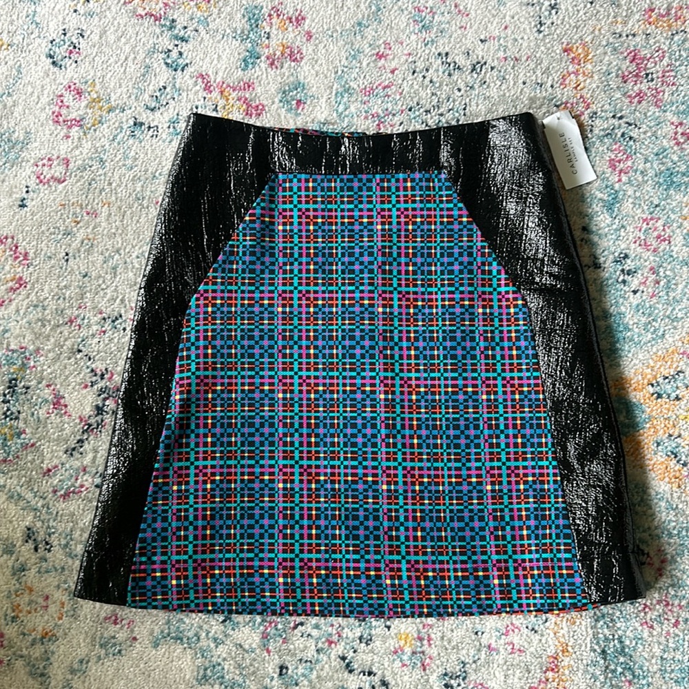 Per Se Plaid Leather Trip A-Line Skirt Sz 6 NWT